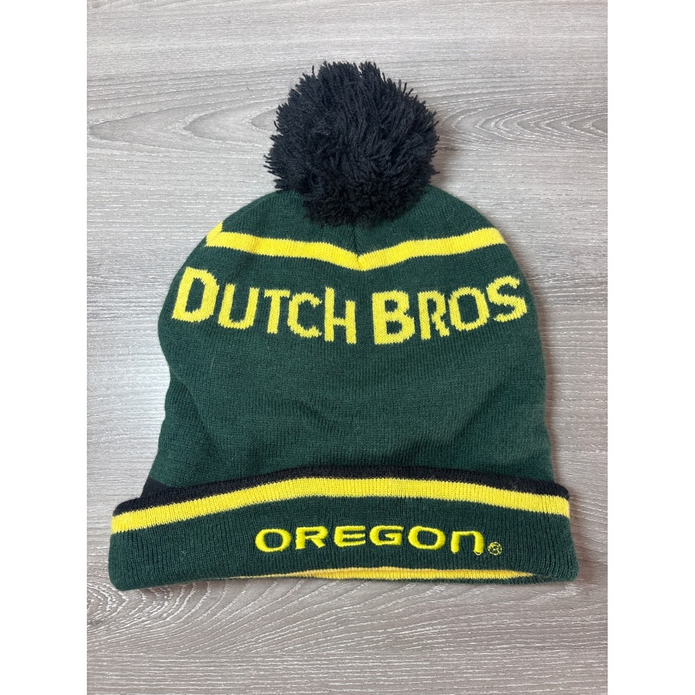 Dutch Bros Oregon Beanie Green Yellow‎ Black Pom Pom Cuffed Knit Hat PNW Coffee